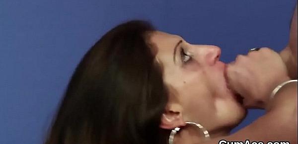  Slutty model gets sperm shot on her face eating all the spunk